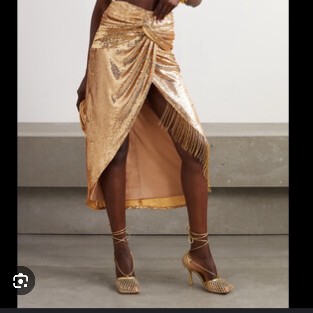 PatBo Fringe Drape Sequins Maxi Skirt in GOLD SZ 4